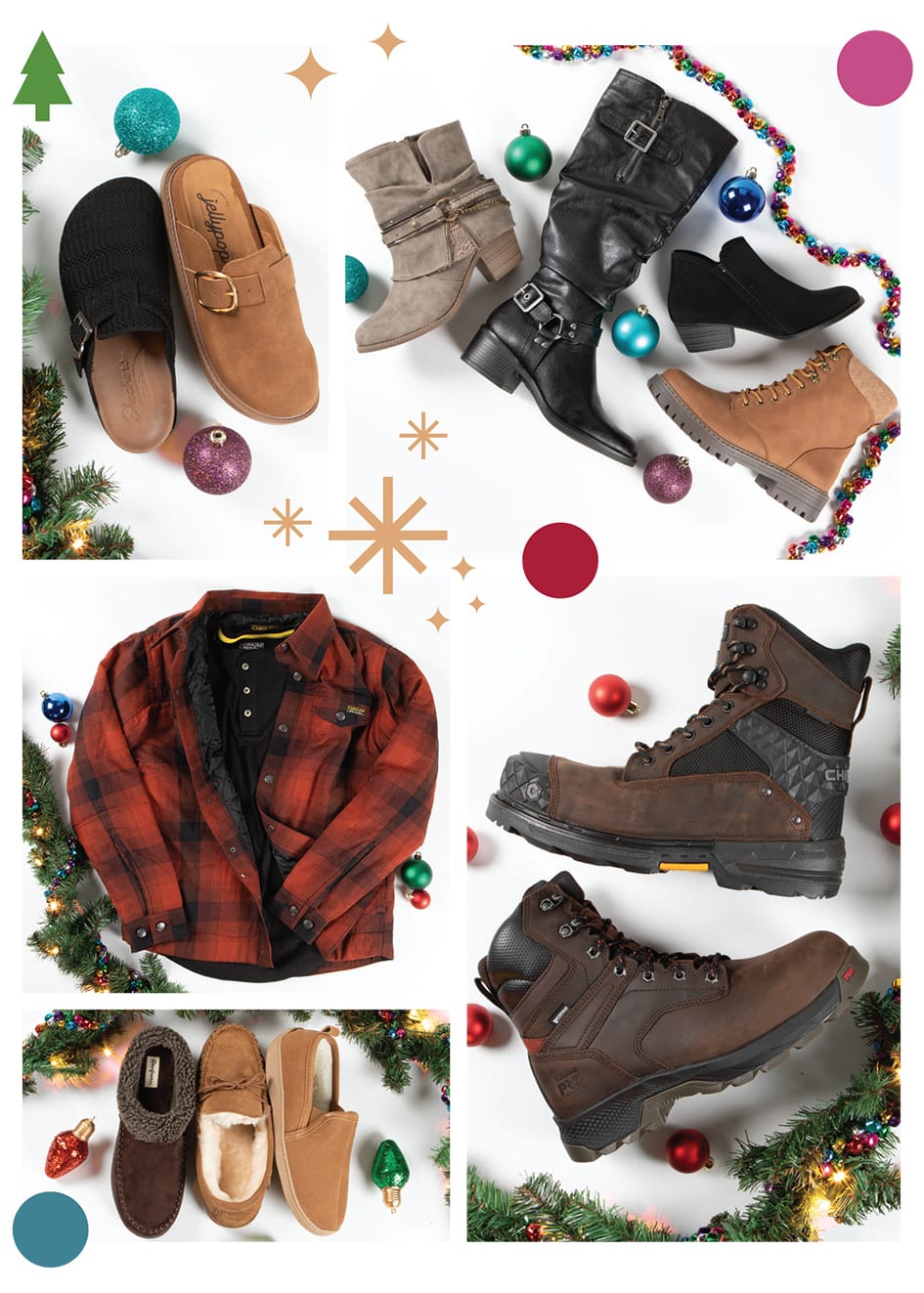 Christmas themed background.  Women's Jellypop clogs style # PALMER-COGNAC, Skechers Granola clog style # 159017-BLK, Jellypop boots style # RHORY-TAUPE, Esprit bootie style # RHORY-TAUPE, Cliffs by White Mountain boots style # C36105-919, Whjite Mountain boots style # W36012-005, Carolina shirt jacket style # C-1458-RUS, Carolina henley style # C-1198-BLK, Bearpaw slipper style # 2382M-220, Dearfoams slippers style # 41178-00237, Appalachian Trail slippers style # GM404-5, Chinook boots style # 7315-200,  Timberland Pro boots style # TB1A5RBP2141